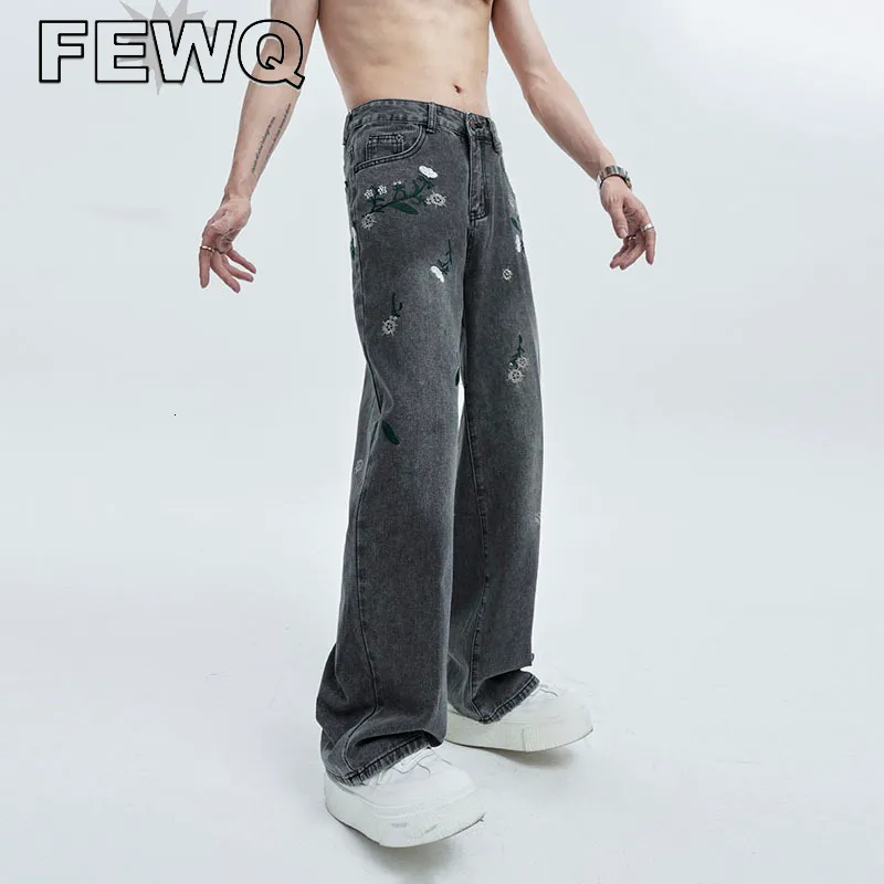 Jeans da uomo FEWQ Jeans con ricamo di fiori di prugna High Street Design di nicchia Pantaloni da uomo in denim Pantaloni larghi da uomo Autunno 24B3242 230729