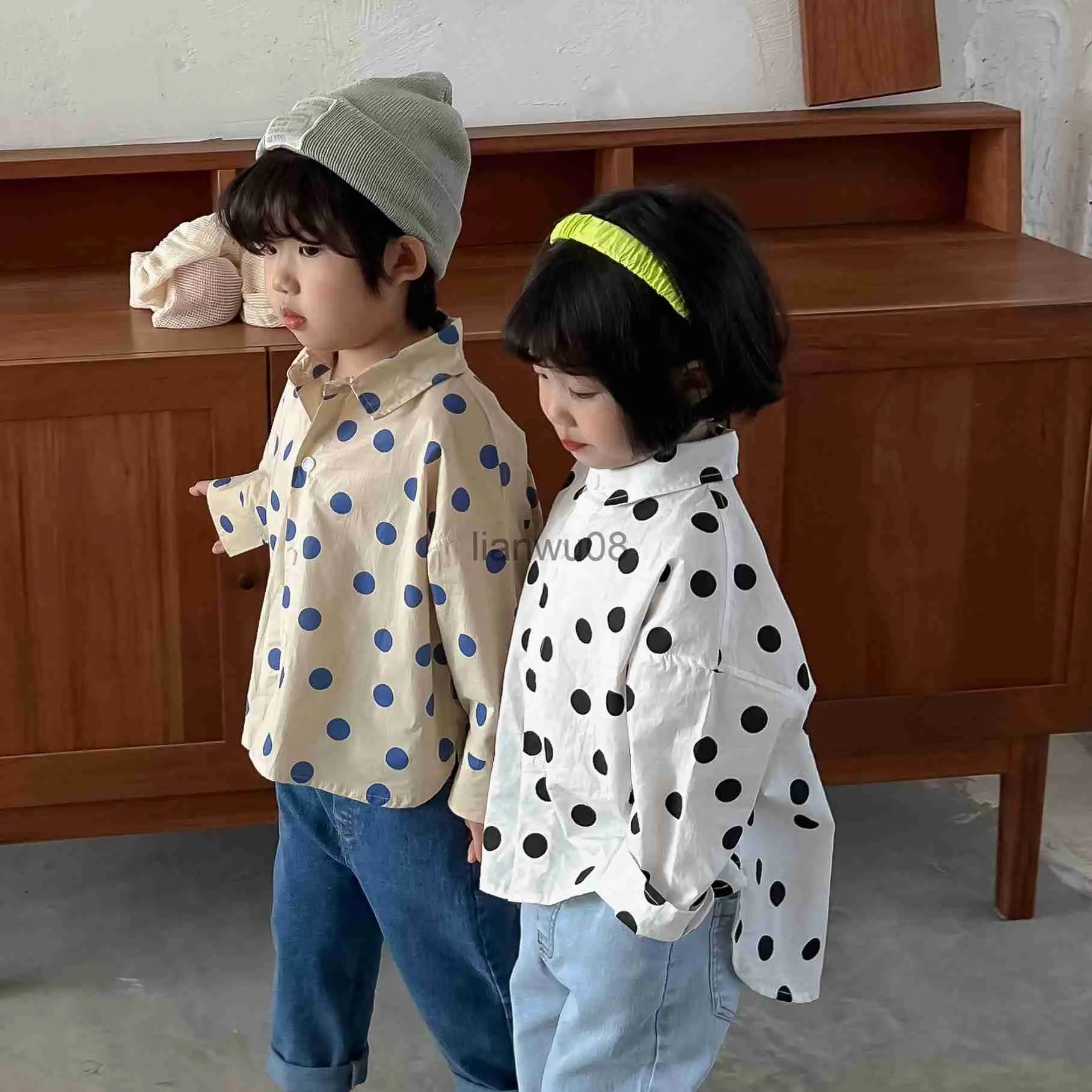 Kids Shirts 1082B Children Shirts Dot Print Boy's Shirt Blouse Spring Autumn 2022 Cotton Polk Dot Long Sleeve Side Split Shirts Girl Tops x0728