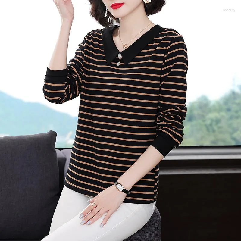 Women's Sweaters Clothing 2023 Autumn Winter Top V-neck Korean Mother's Fat Girl Long Sleeve Striped LARGE T-SHIRT