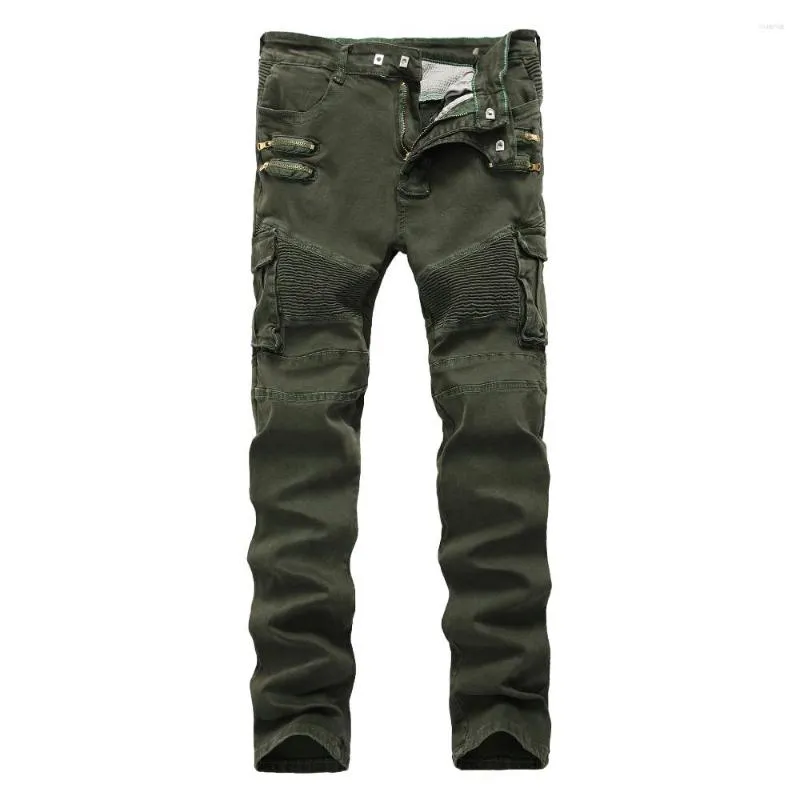 Men's Jeans Mens Skinny Ripped Biker Zipper Multi Pockets Cargo Army Green Military Hip Hop Men Pleated Motorcycle Drop