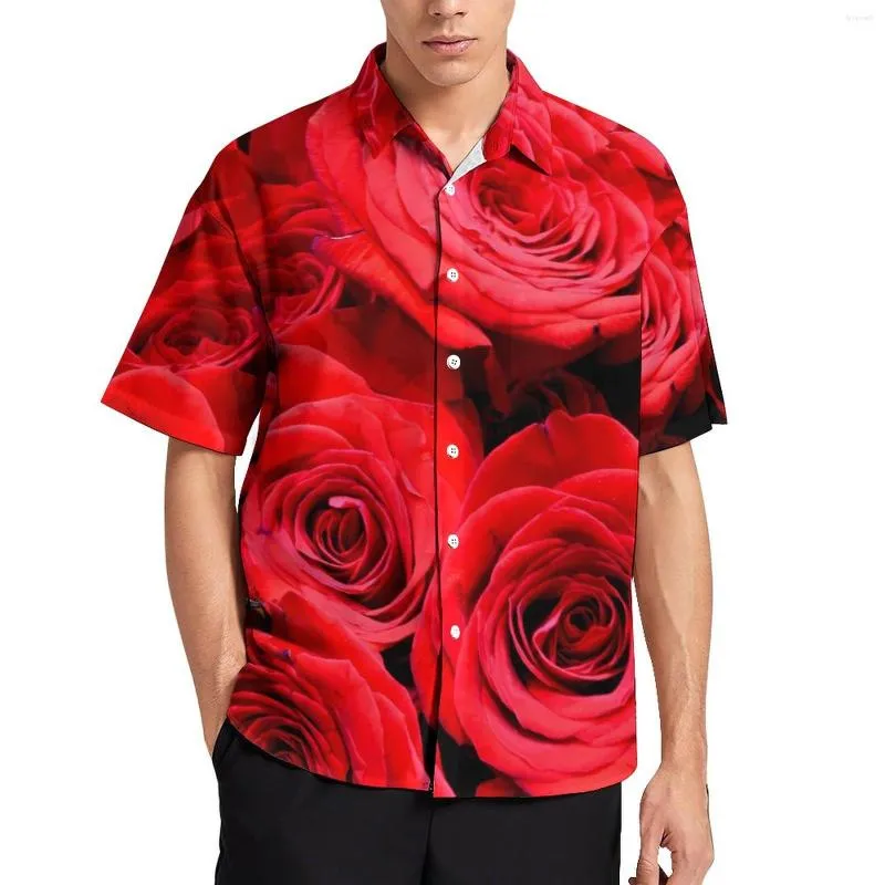 Men's Casual Shirts Red Rose Print Loose Shirt Man Vacation Elegant Floral Summer Custom Short Sleeve Streetwear Oversized Blouses