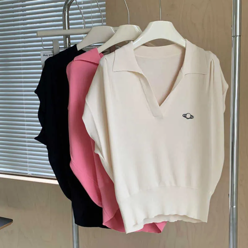 Роскошные сатурн трикотаж женский v-образец половой рубашка дизайнер рубашки с коротким рукавом топ модные вышива