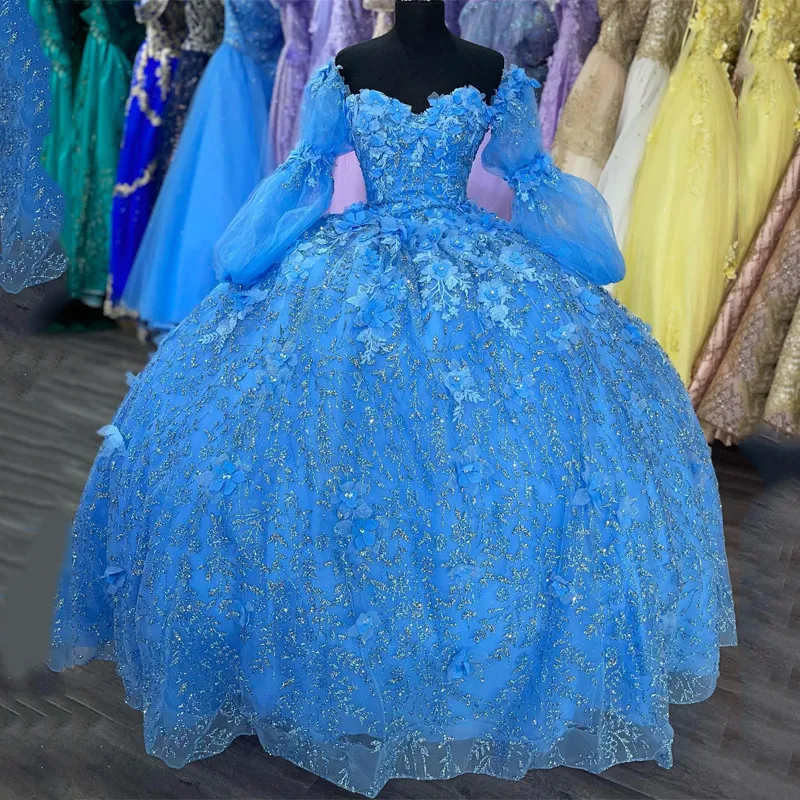 Sky Blue Shiny Quinceanera Dress Off The Shoulder Party Prom Dress Ball Gown 3Dflower Lace Girl Sweet 16 Party Gown Vestidos