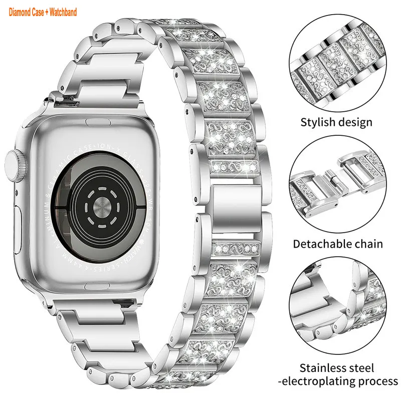 Case + Apple Watch Band 40 mm 44 mm Rhinestone Ochrata ochronna Kobiety Dziewczęta Biżuter Wymienna metalowa opaska na rękę BLING Diamond PC Case Case For IWatch 8 7 6/5/4