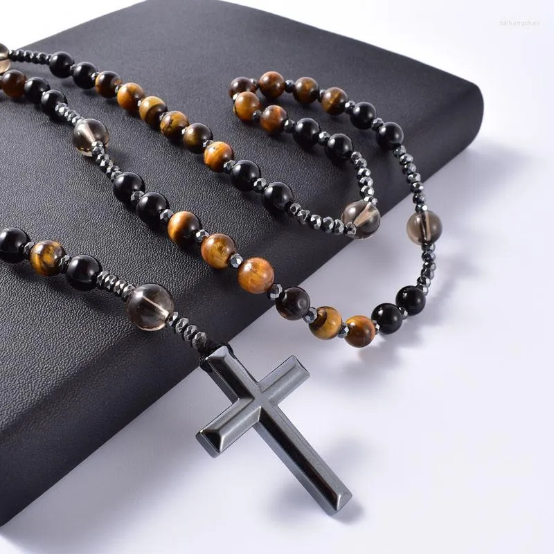 Colliers Pendentifs En Onyx Noir Naturel Avec Pierre Oeil De Tigre Catholique Christ Chapelet Hématite Croix Hommes Collier Initial