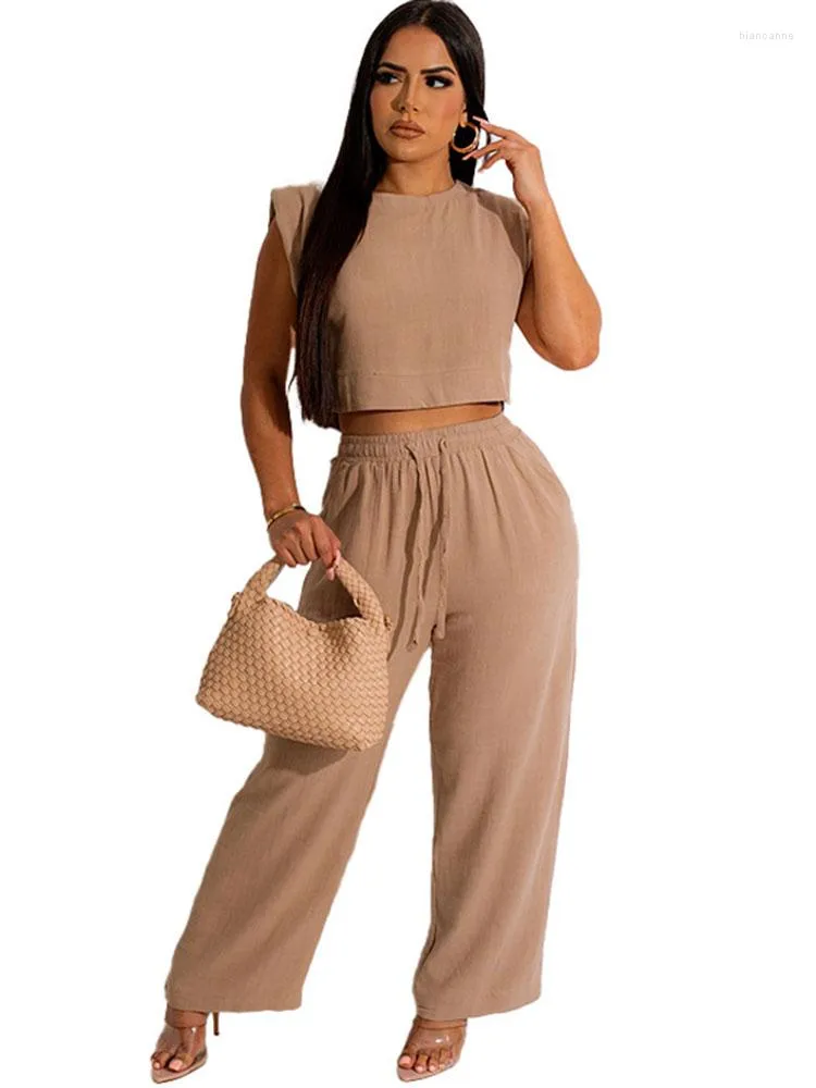 Calças femininas de duas peças Szkzk Conjunto streetwear de duas peças femininas regatas e calças de perna reta bolsos verão cintura alta branco caqui