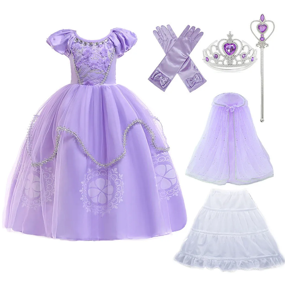 Vestidos de Menina Roxo Princesa Sofia Vestido para Menina Crianças Traje Cosplay Manga Puff Vestidos em Camadas Festa Infantil Aniversário Sophia Trajes Extravagantes 230729