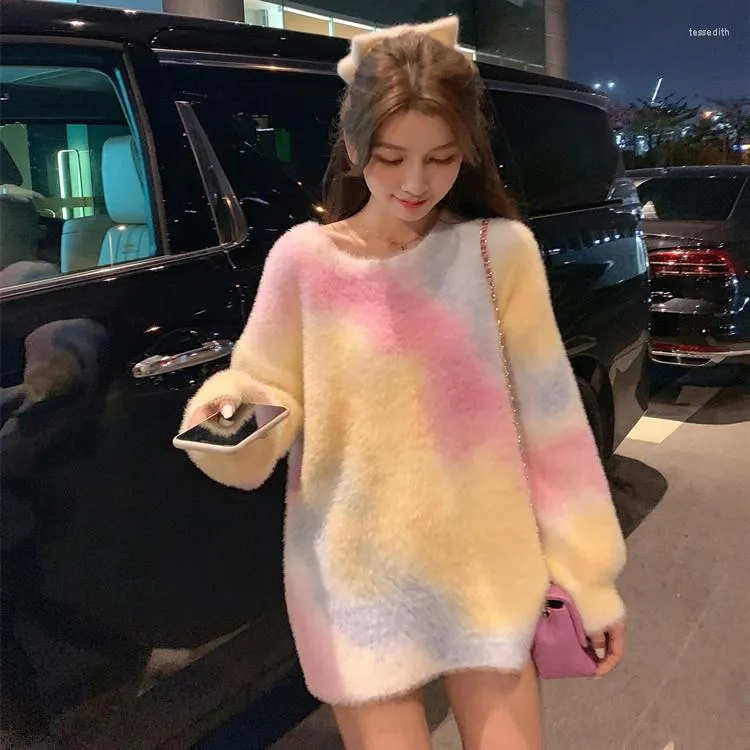 Women's Sweaters Gradient Color Mohair Sweater Women Loose Long Fluffy Thick Warm 2023 Winter Pullovers Round Neck Lazy Oaf Jumpers