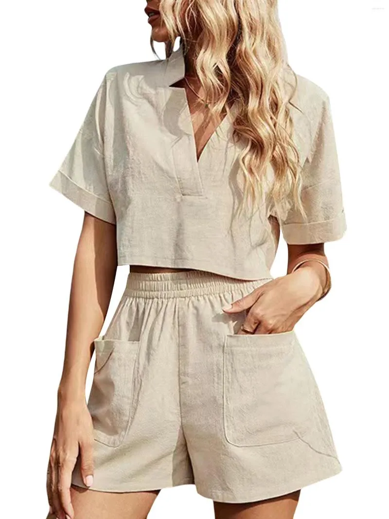 Dames Trainingspak Dames S Casual Linnen Lounge Pyjama Set Met V-hals Korte Mouw Crop Top En Hoge Taille Shorts Met Handig