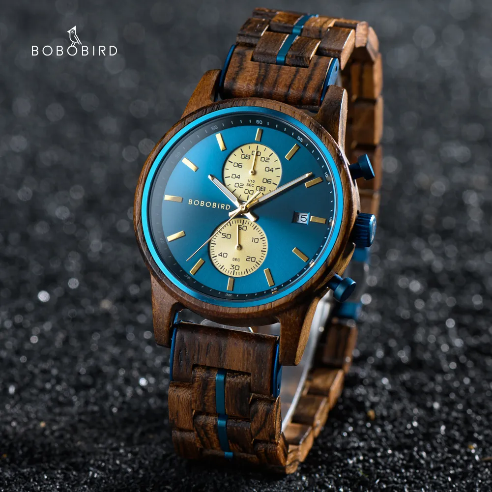 Andra klockor Bobo Bird Wood Watch Men Business Quartz Engraved träkronograf armbandsur med datum Display Custom Reloj Madera 230729