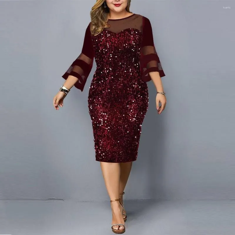 Plus -klänningar Autumn Fashion Sequin Dress Women Solid Round Neck Flare Sleeve Pencil Elegant Pendlare