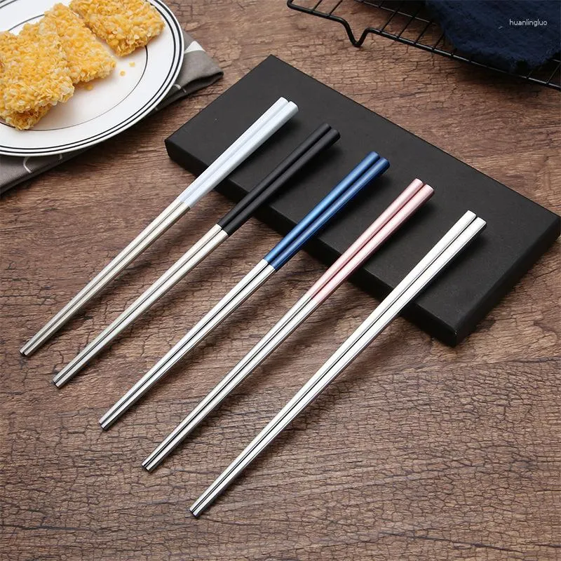 Pauzinhos 5 pares chineses 304 aço inoxidável antiderrapante conjunto com caixa de presente preto rosa azul sushi chop stick para jantar