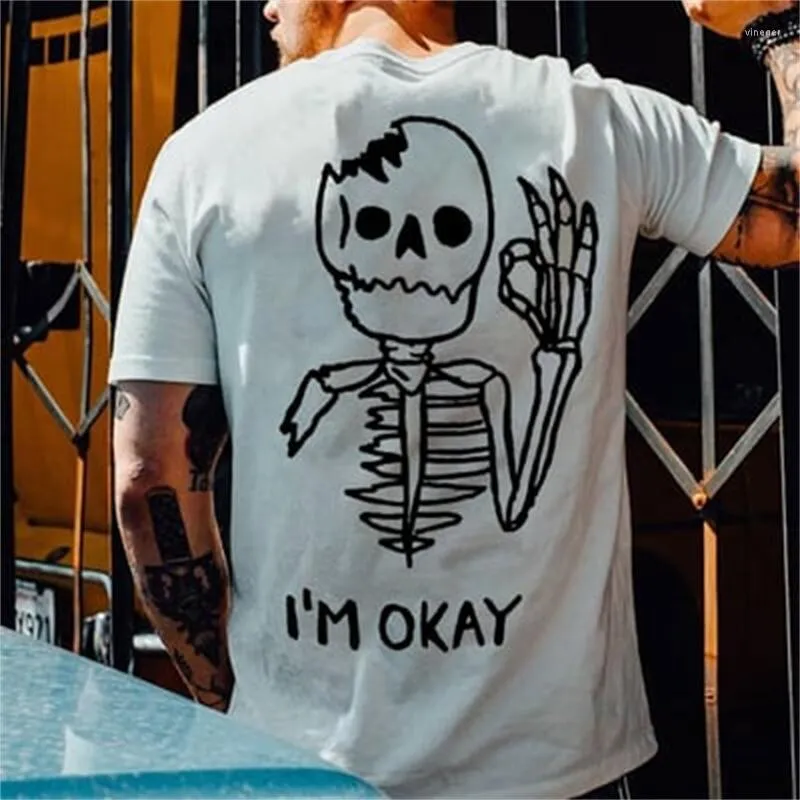 Męskie koszule 2023 Bawełna „I'm OK” Letter Skull Olde Nowator T-shirt Tee Streetwear Women Casual Harajuku Tops Ubranie