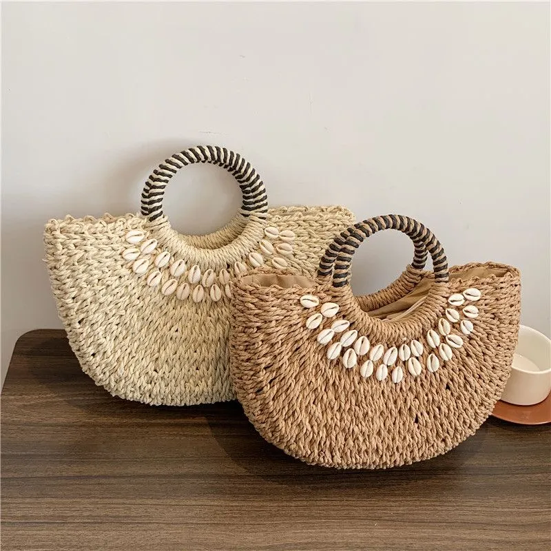 New Vintage Large Capacity Shell Decor Straw Handbag Top-handle Half-round Hand-woven Bags Women's Beach Holiday Beach Bags