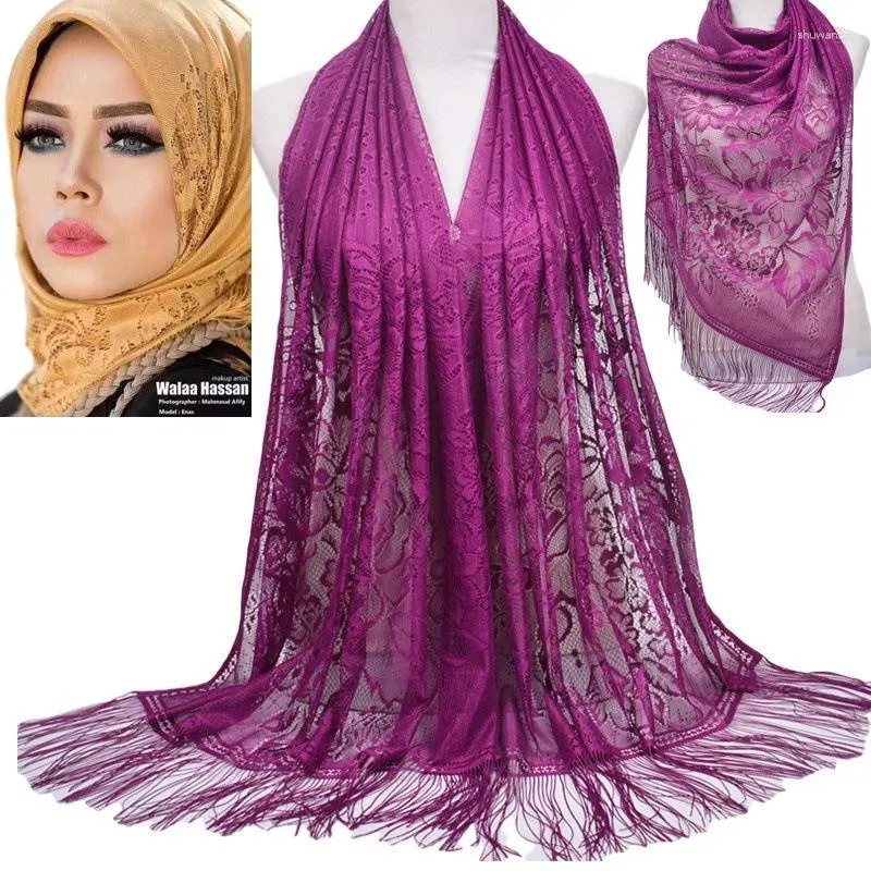 Scarves Elegant Women Floral Lace Scarf Shawl Tassels Party Wedding Veil India Arab Muslim Hijabs 180 60Cm