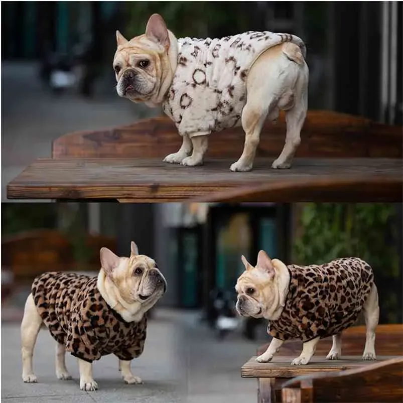 Mode luxe chien vêtements pour animaux de compagnie pour l'hiver imprimé léopard bouledogue français manteau doux Designer moyenne fourrure Hoodies 210804
