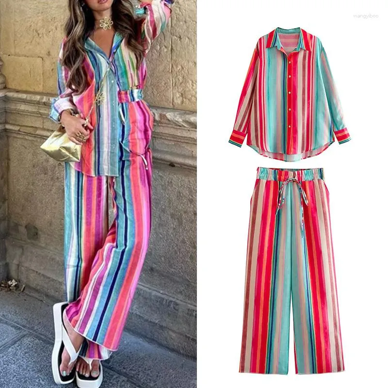 Women's Two Piece Pants Spring Summer Set For Women Stripe Printing Blouses And Straight Female Clothes Ladies Wide Leg Youth