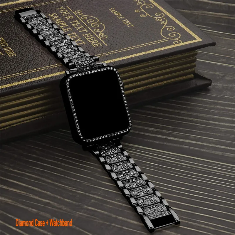 Rostfritt stål Mesh Bands kompatibla för Apple Watch 49mm 45mm 44mm 42mm 41mm 40mm Kvinnor Bling Protective Crystal Diamond Case Mesh Rand iWatch Series 8 7 6/SE/5/4 3 2 1