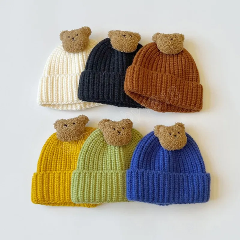 Cappello lavorato a maglia per bebè coreano Simpatico cartone animato Orso Bambino Berretto caldo per bambini Autunno Inverno Morbido uncinetto Neonato Berretto per bambina Cappello Enfant