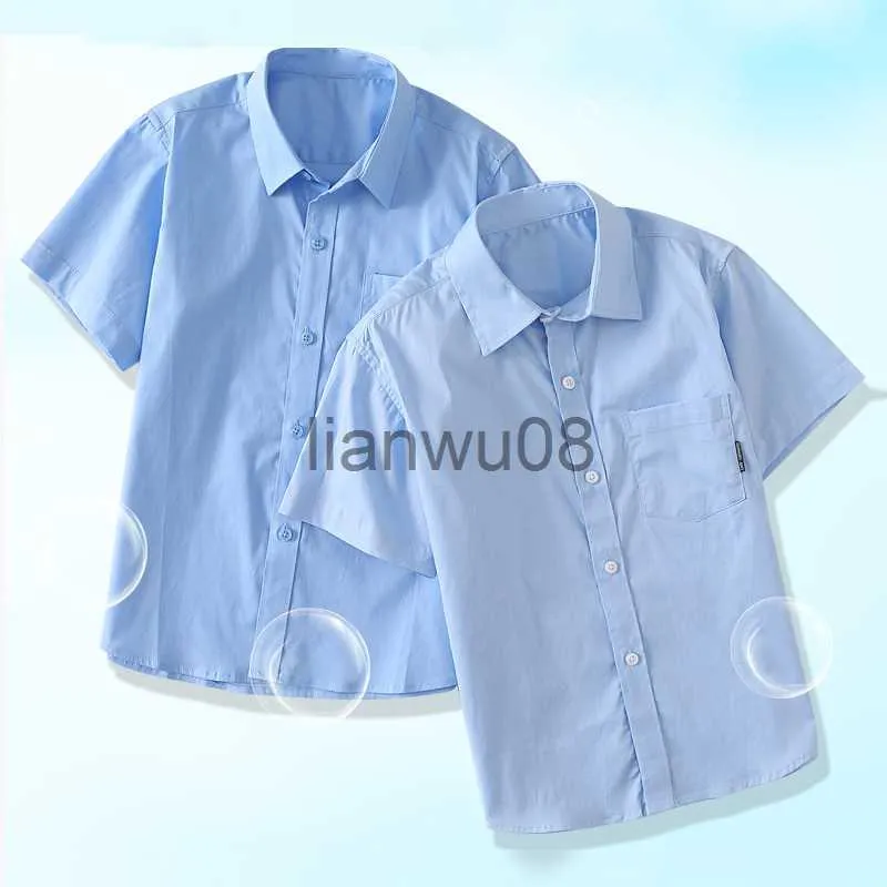 Kids Shirts Summer Kids Blue Shirts for Girls School Uniform Blouses for Boy Short Sleeve Preppy Cotton Children Clothes Vestidos 8 10 14 Y x0728