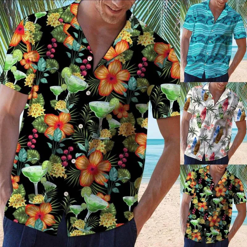 Men's Casual Shirts 2023 Stylish Clothing Spring Summer Top Hawaii Flower Printed Turndown Collar Short-sleeved