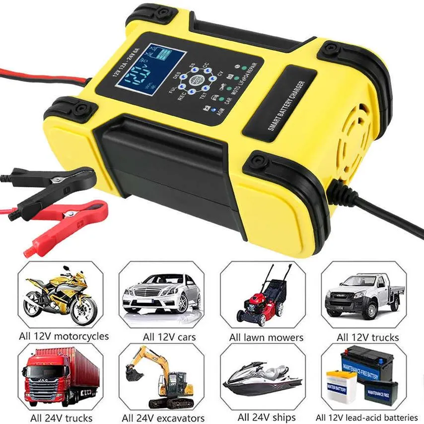12V 24V 12A Automatic Battery Charger 7-Step Car Battery Charger LCD Display Intelligent Charges Repair Function Fast Charger260J