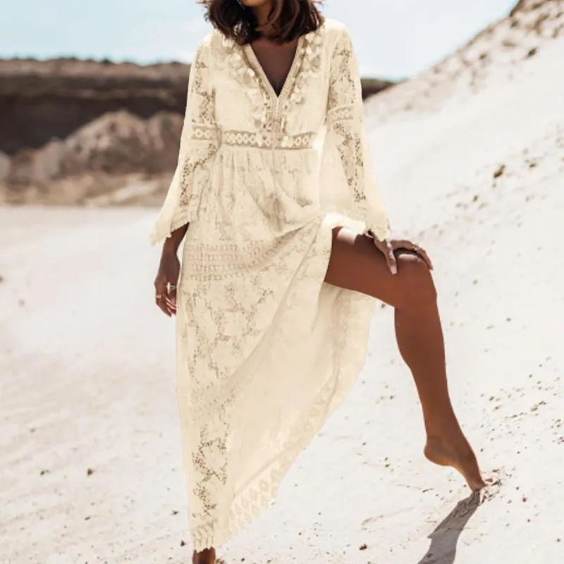 Abiti casual Donna Estate Boho Abito lungo in pizzo Vacanza al mare Bianco Beige Elegante scollo a V Manica lunga Abito estivo allentato Mujer