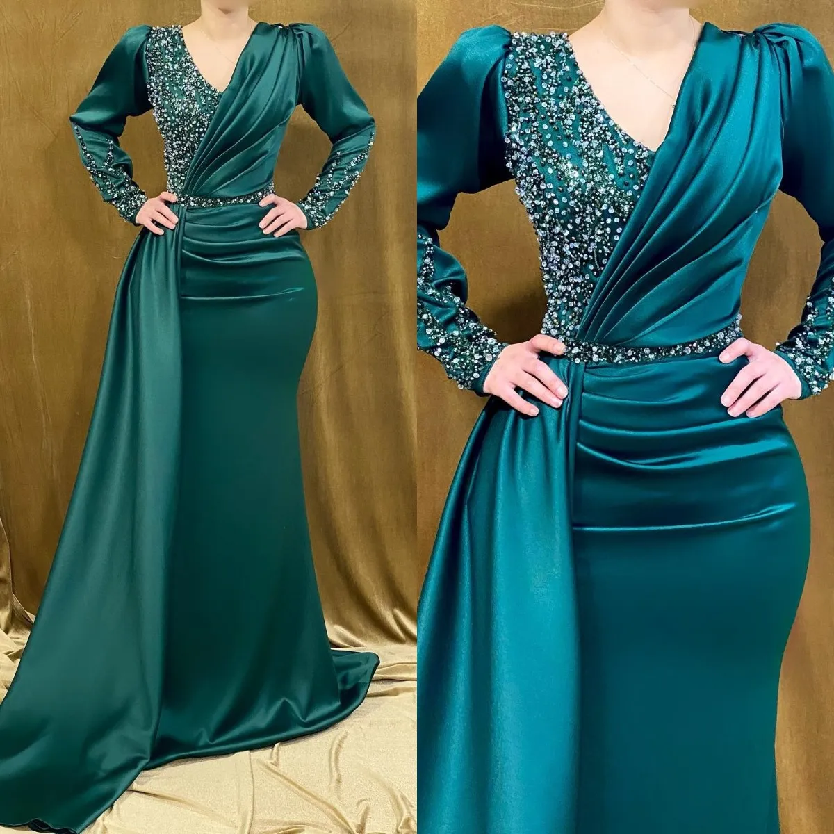 Elegant Dark Green Muslim Evening Dresses V Neck Long Sleeves Party Prom Dress Pearls Beading Sweep Train Long Dress for special occasion