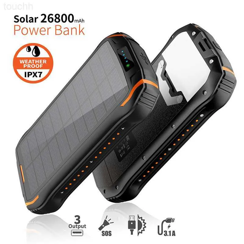 Mobiltelefon -Strombanken 26800MAH Solar Power Bank Qi Wireless Ladegerät Poverbank wasserdichte Reisebank für iPhone 14 Samsung S22 Bateria mit leichten L230728