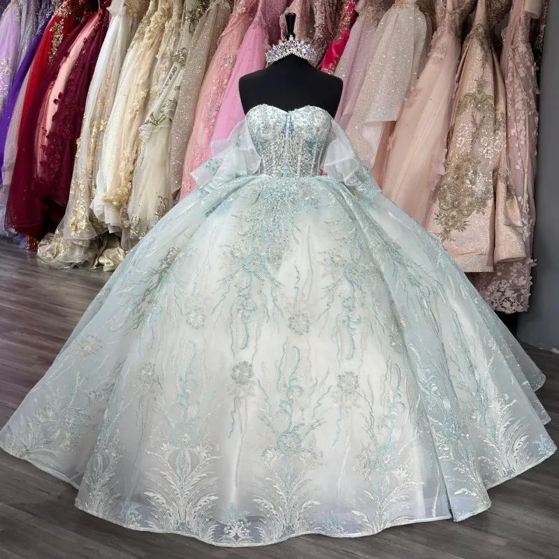 2024 Sky Blue Sweetheart Quinceanera Dress Sparkly Lace Appliques Sequins 3D Flowers Sweet 16 Princess Ball Gown Vestidos de 15 Anos