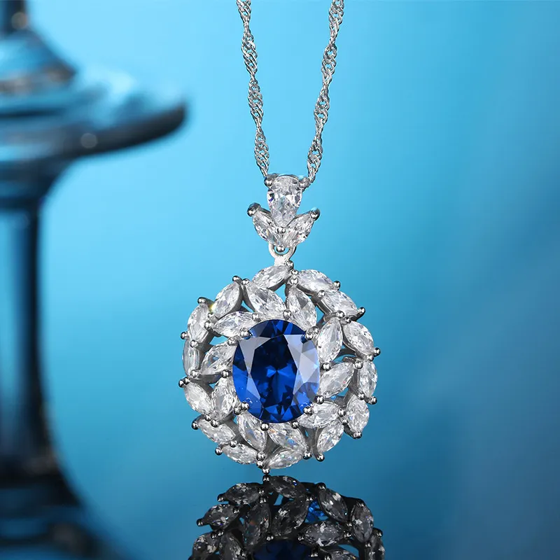 Unique S925 Sterling Silver Necklace Synthetic Sapphire Pendant