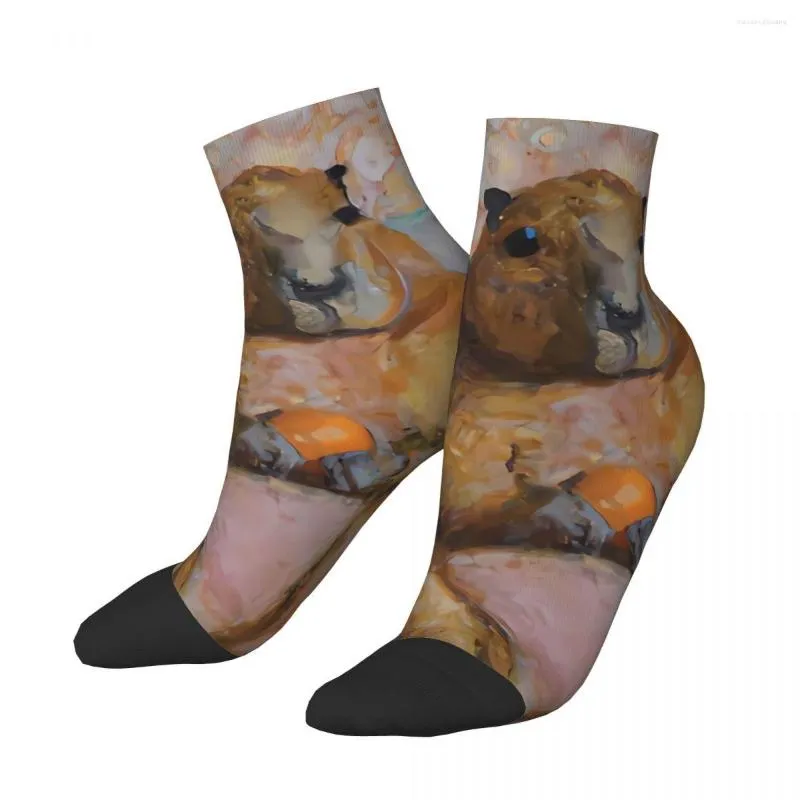 Herensokken Happy Ankle Enjoying An Orange Capybara Cute Animal Street Style Casual Crew Sock Gift Pattern Printed