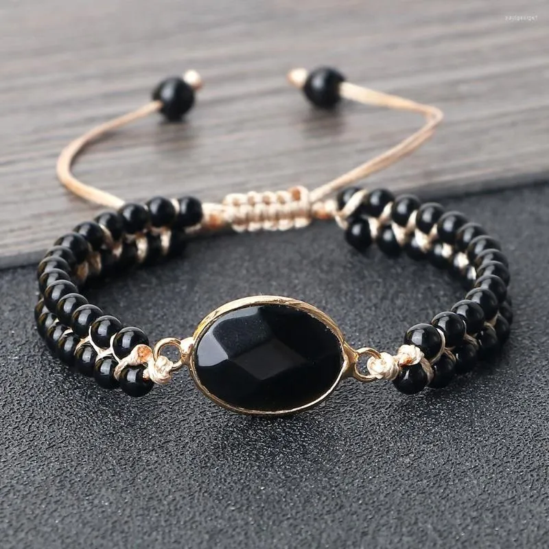 Strand 4MM Black Polish Double Row Beaded Bracelet Women Men Adjustable Charm Pendant Couple Bracelet&Bangle Chain Jewelry Gift