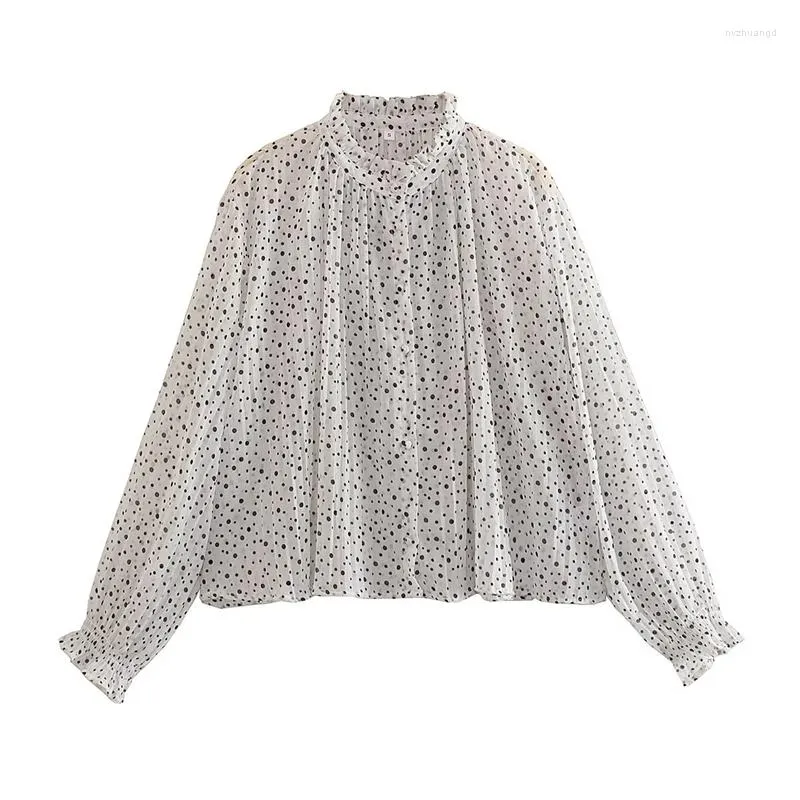 Women's Blouses 2023 Summer Stand-up Collar Long-sleeved Polka-dot Print Single-breasted Shirt Loose And Versatile Ruffled Top