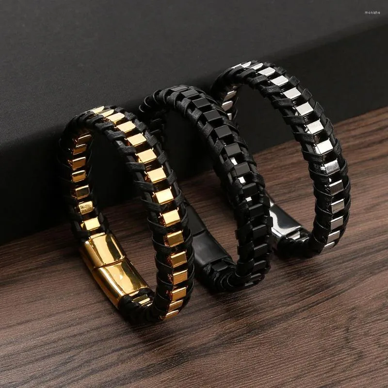 Bracelet jonc en acier inoxydable avec fermoir magnétique Brassard Leren en cuir tressé à la main pour homme