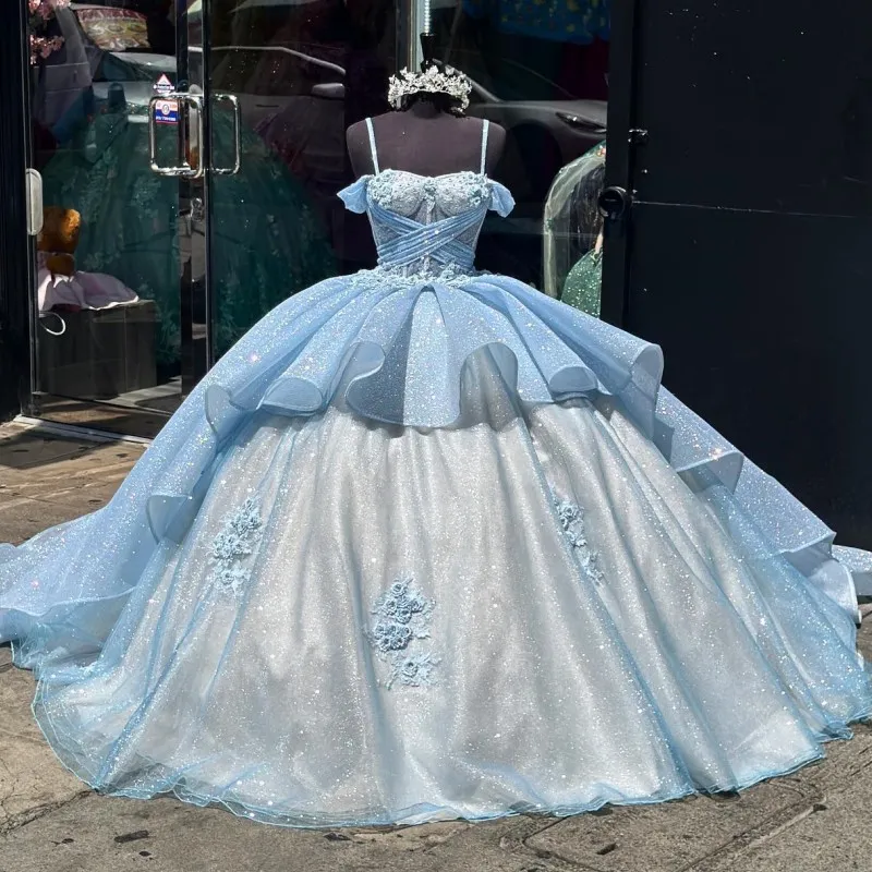 スカイブルーの恋人Quinceanera Dress Sparkly Lace Aptliquesスパンコール3D花甘い16プリンセスボールガウンVestidos de 15 Anos