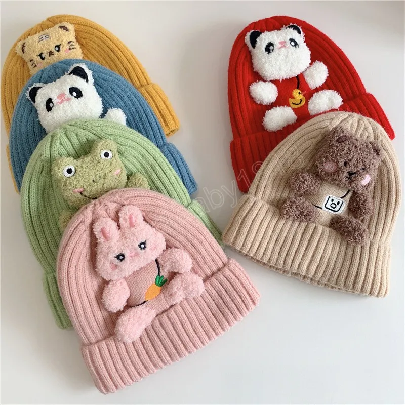 Chapéu de bebê de inverno animal de desenho animado, gorro de tricô para crianças, meninos e meninas, bonito, urso, coelho, sapo, crochê, chapéus de pelúcia