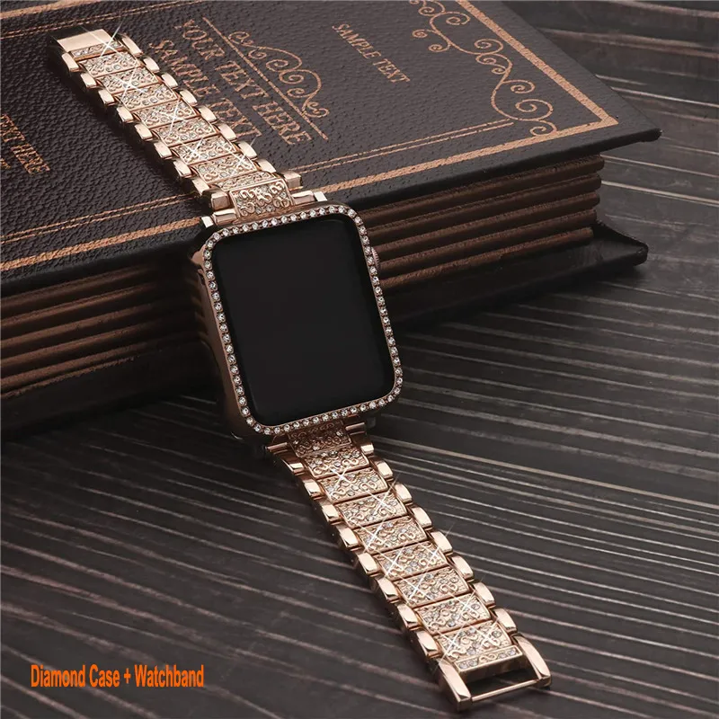 Apple Watch Band + Case 38mm 40mm 41mm 42mm 44mm 45mm Ultra 49mm Bling Diamond Metal Strap이있는 다이아몬드 케이스 및 유리 스크린 보호기 Iwatch 시리즈 8 7 6 5 4 3 2 1 SE