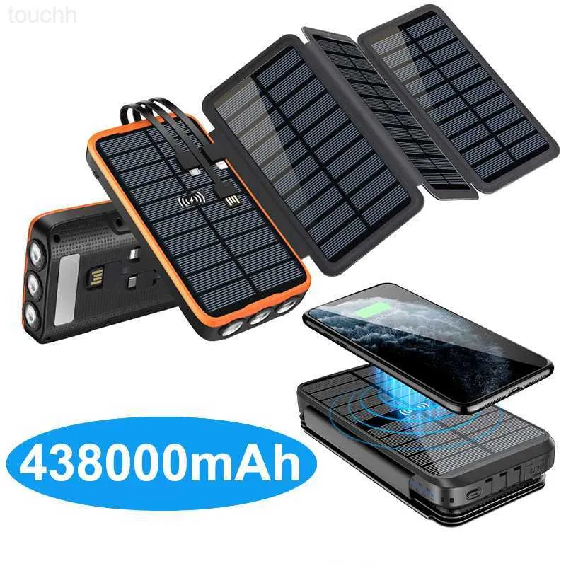 Mobiltelefon Power Banks 43800MAH PD 20W Solar Power Bank med kabel Fast Qi Wireless Charger för iPhone 13 Samsung S22 Xiaomi Powerbank med ficklampan L230824
