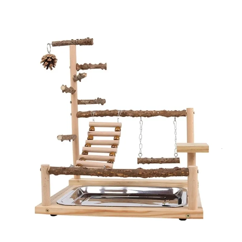 Andra fågelförsörjningar papegoja PlayStand Plays Stand Cockatiel Playground Wood Perch Gym Ladder With Metal Feeder Plate Toy 230729