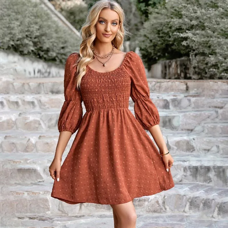 Casual Dresses Vintage Lantern Three Quarter Sleeve Party Dress Women Summer Female Fashion Office Ladies Bandage High Waist Silm Beach