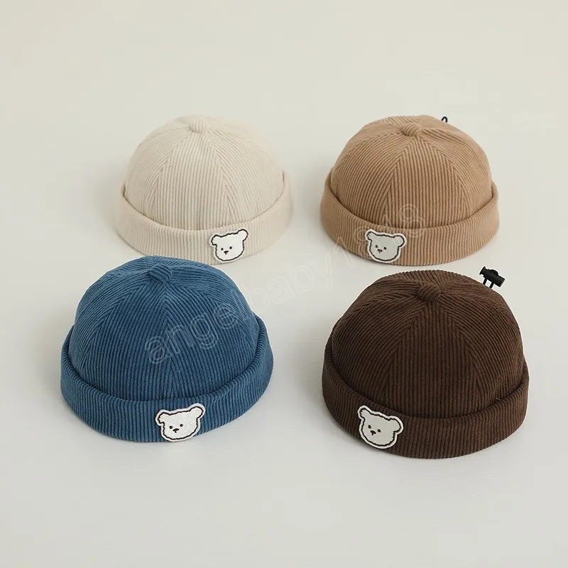 Retro Corduroy Baby Brimless Hoed Schattige Beer Koepel Meloen Cap Lente Herfst Kinderen Jongen Warme Hoeden