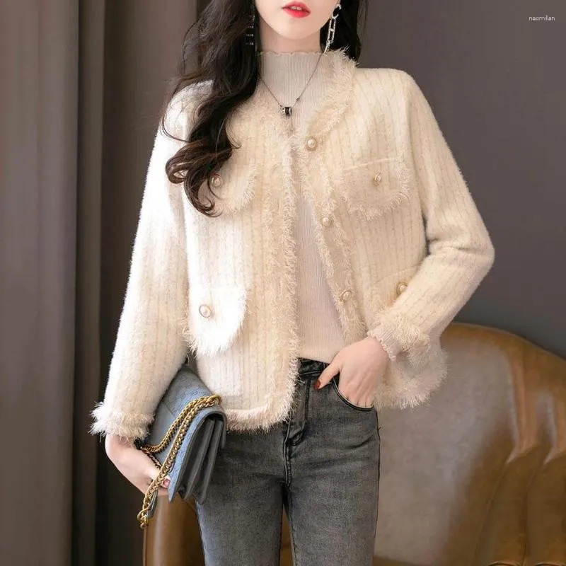 Women's Knits Winter Faux Mink Velvet Cardigan Coat Early Autumn Knitted Jacket For Women Korean Elegant Sweater Outerwear Ladies Tops