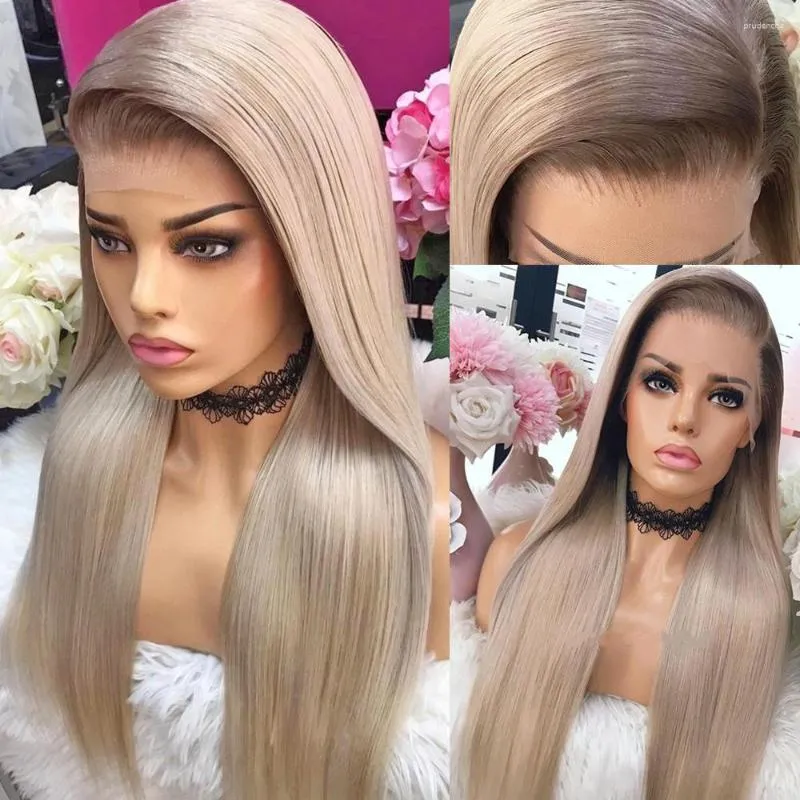 Ombre longue droite cendré blond brun racine couleur perruque de cheveux humains HD Transparent 360 13x6 dentelle frontale Brizilia perruques pour les femmes