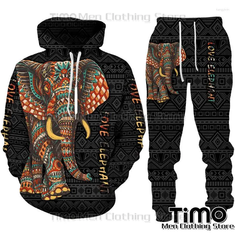 Herrspårsrädernas höstens träningsdräkt Set Vintage African Elephant 3D Printed Hoodie Oversize Fashion Casual Business Social Clothing