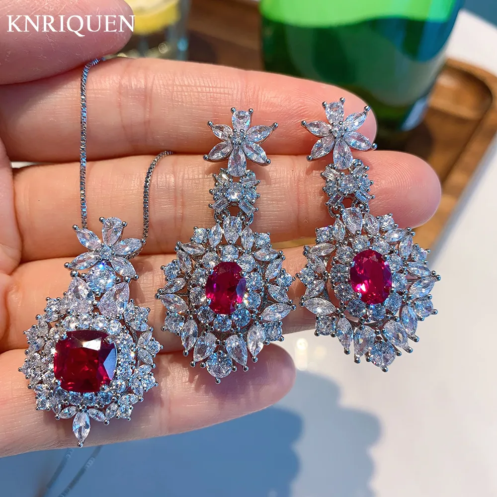 Conjuntos de joias de casamento de luxo rubi safira para mulheres de alto carbono diamante pedras preciosas brincos de festa colar pingente presente de aniversário 230729