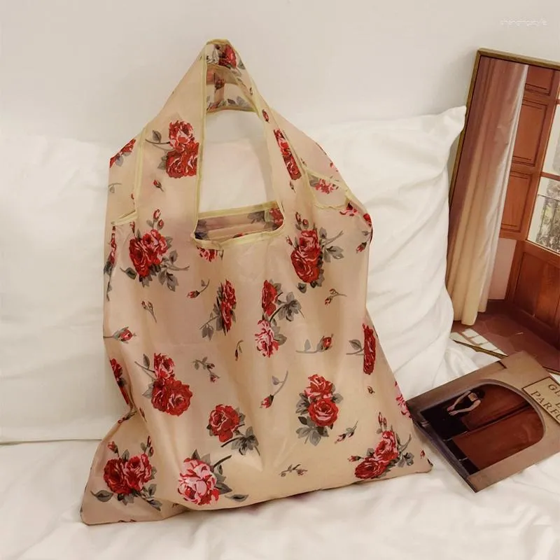 Sacos de compras Retro Rose Tote Bag Reutilizável Mercearia Leve Durável Lavável Dobrável Presente