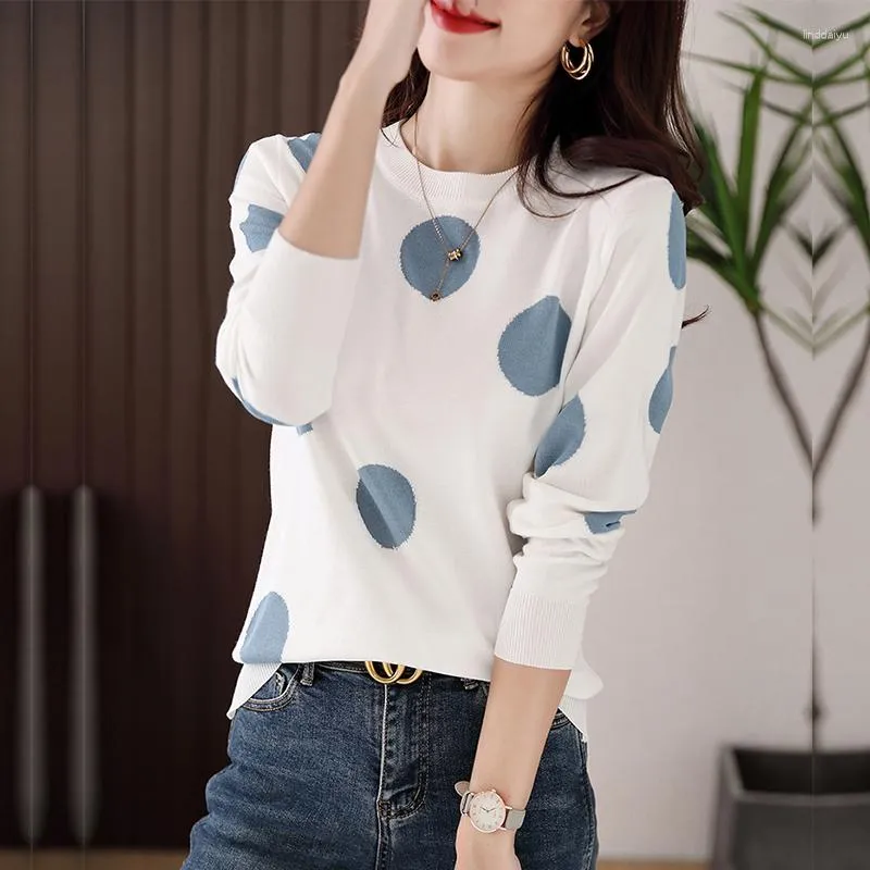 Vrouwen Truien 2023 Fashion Casual Knitwear Polka Dot Lange Mouwen Hoge Kwaliteit Ronde Hals Gebreid T-shirt Elastische Streetwear