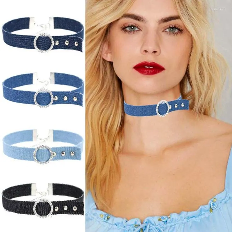 Ras De Cou 4 Pcs/ensemble Bleu Denim Strass Corde Collier Pour Femmes Jeans Collier De Tatouage Collier Ras De Cou Colar Bijoux Femme CR038