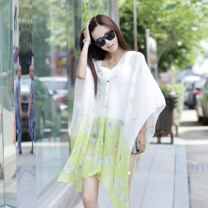 Scarves Summer Sun Protection Shawl For Women Butterfly Poncho Driving Beach Bikini Cover Chiffon Floral Fashion